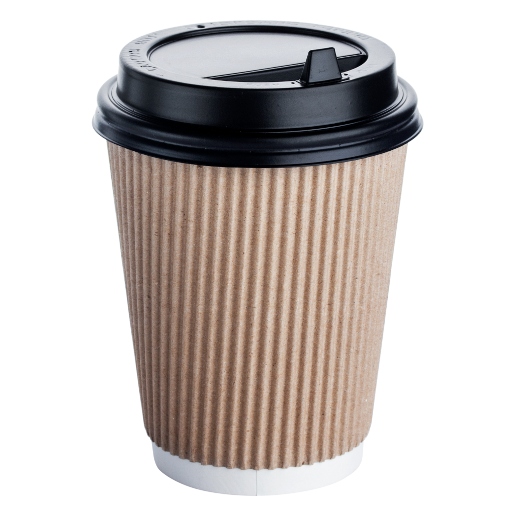 brown paper coffee cup with a black plastic lid