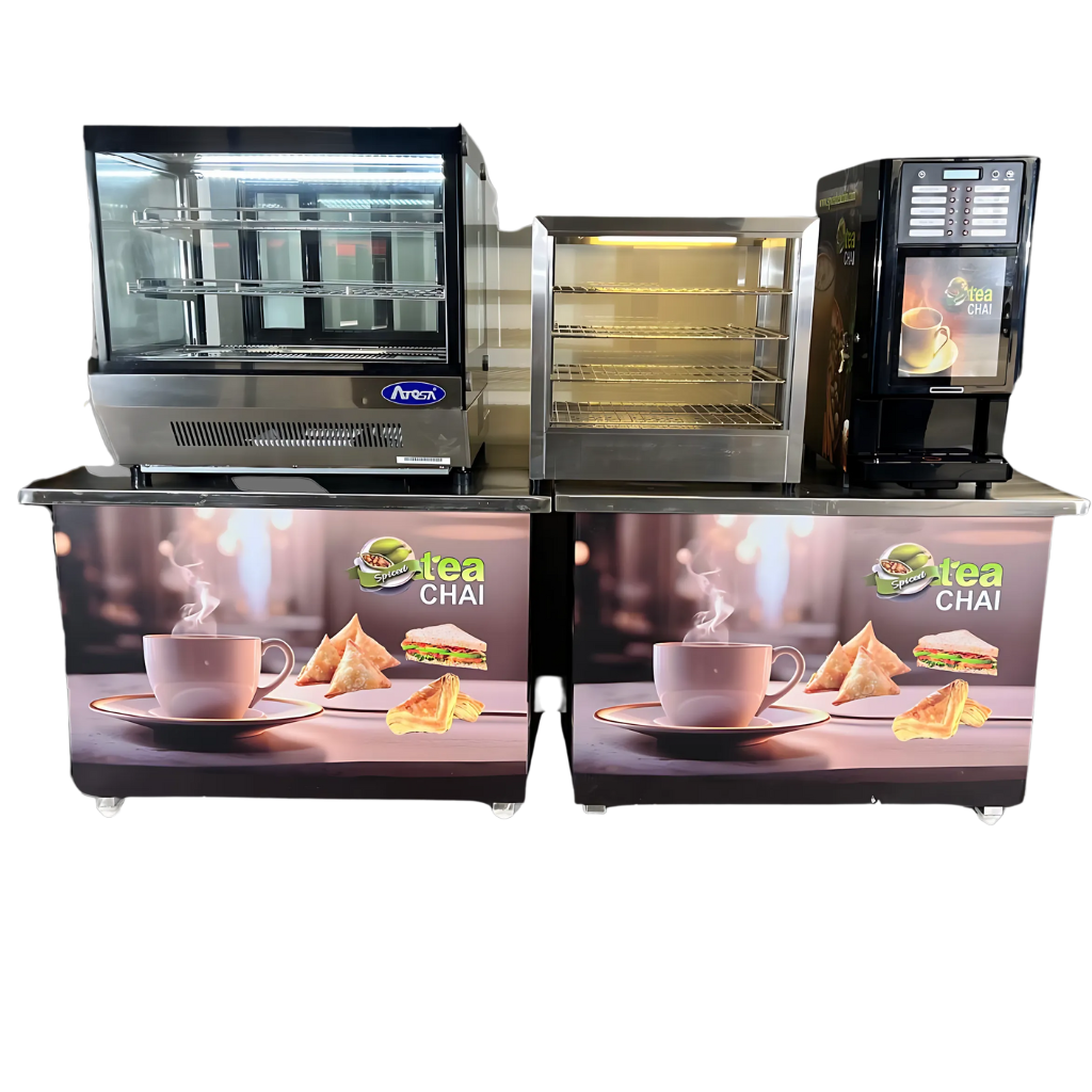 Spiced Tea Chai Two Large Steel Trolleys & Chai Machine with Food Warmer and Refrigerator.
