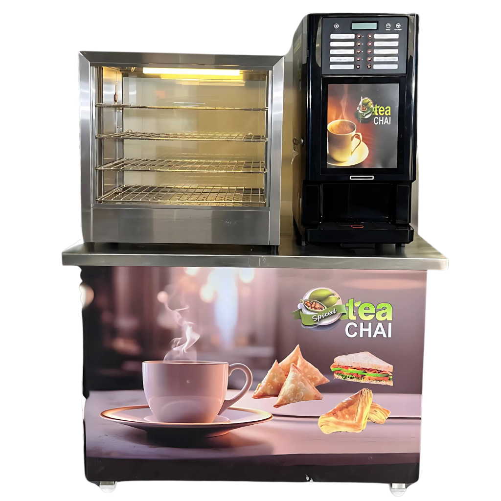 Spiced Tea Chai Steel Trolley with 3 Flavour Machine and Food Warmer