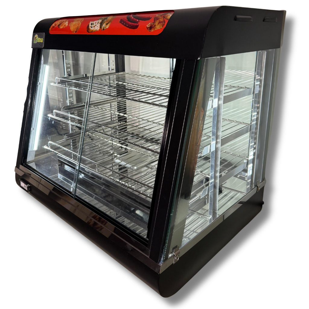 Glass food warmer with black frame on a white background