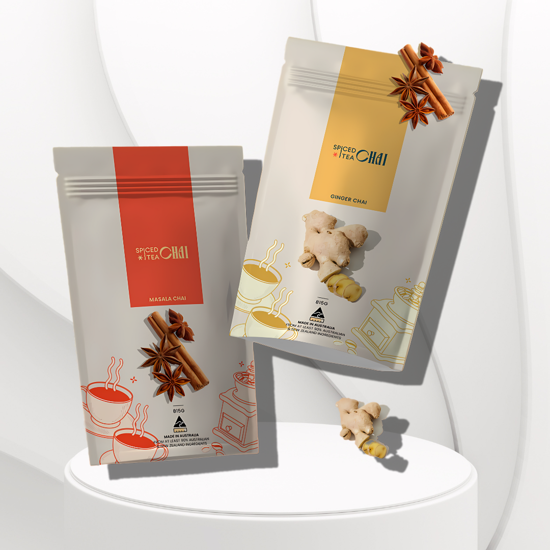 Spiced Tea Chai small tea bags on a stand with a white backdrop