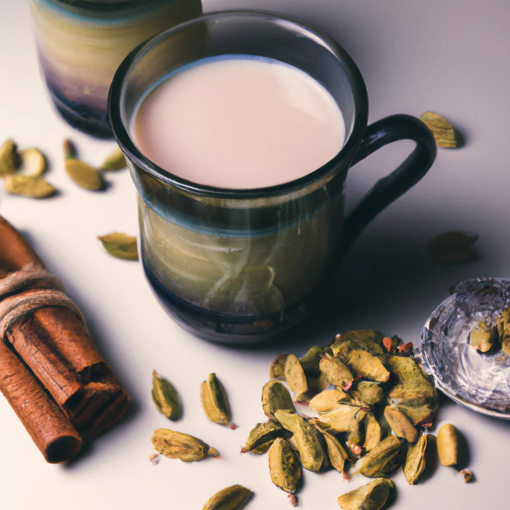 green glass cup with cardamom chai