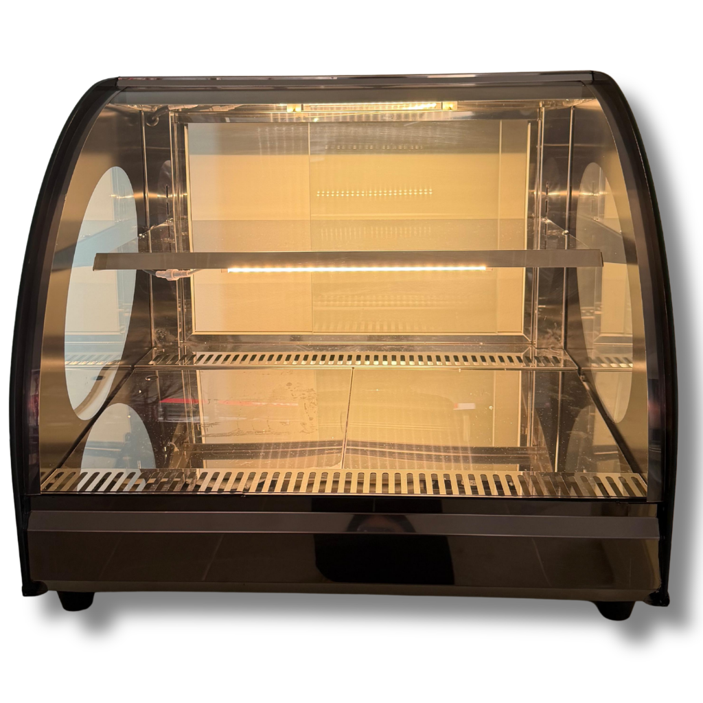 Glass display case with a brown frame on a white background