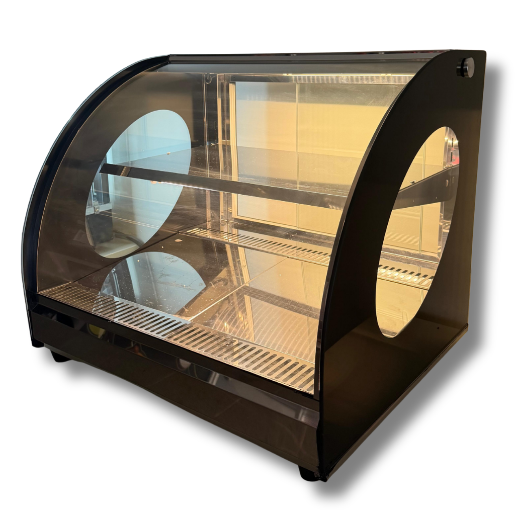 Black food warmer case with glass front on a white background