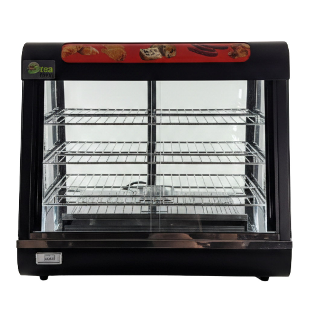 Glass food warmer with black frame on a white background