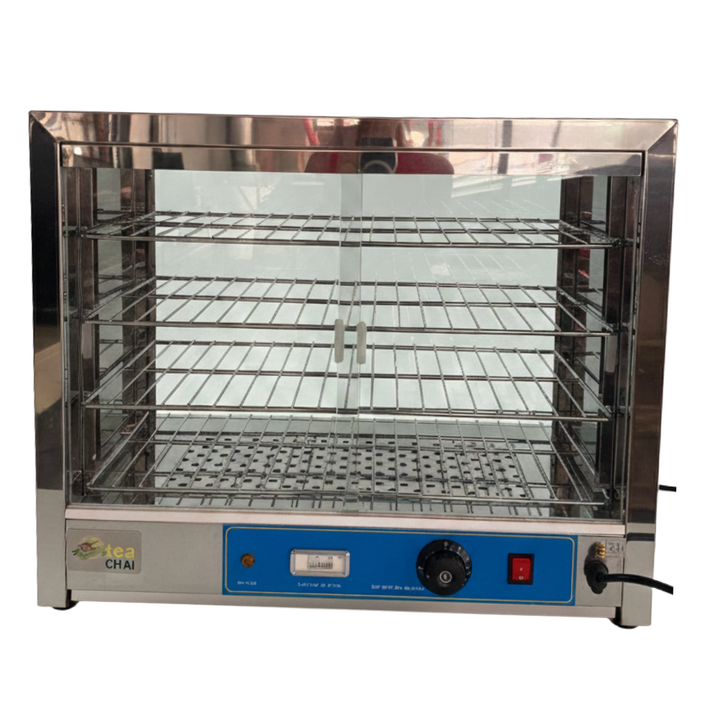 Glass food warmer with steel frame on a white background