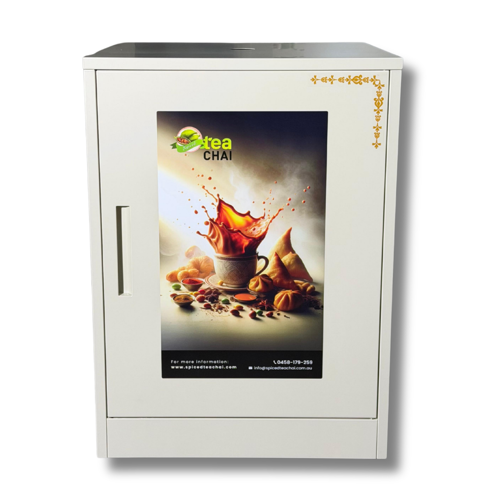 White cabinet with a tea advertisement on the door