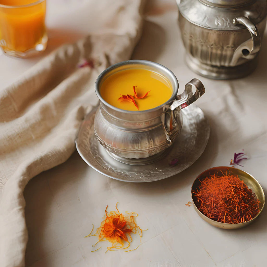 steel cup with saffron chai